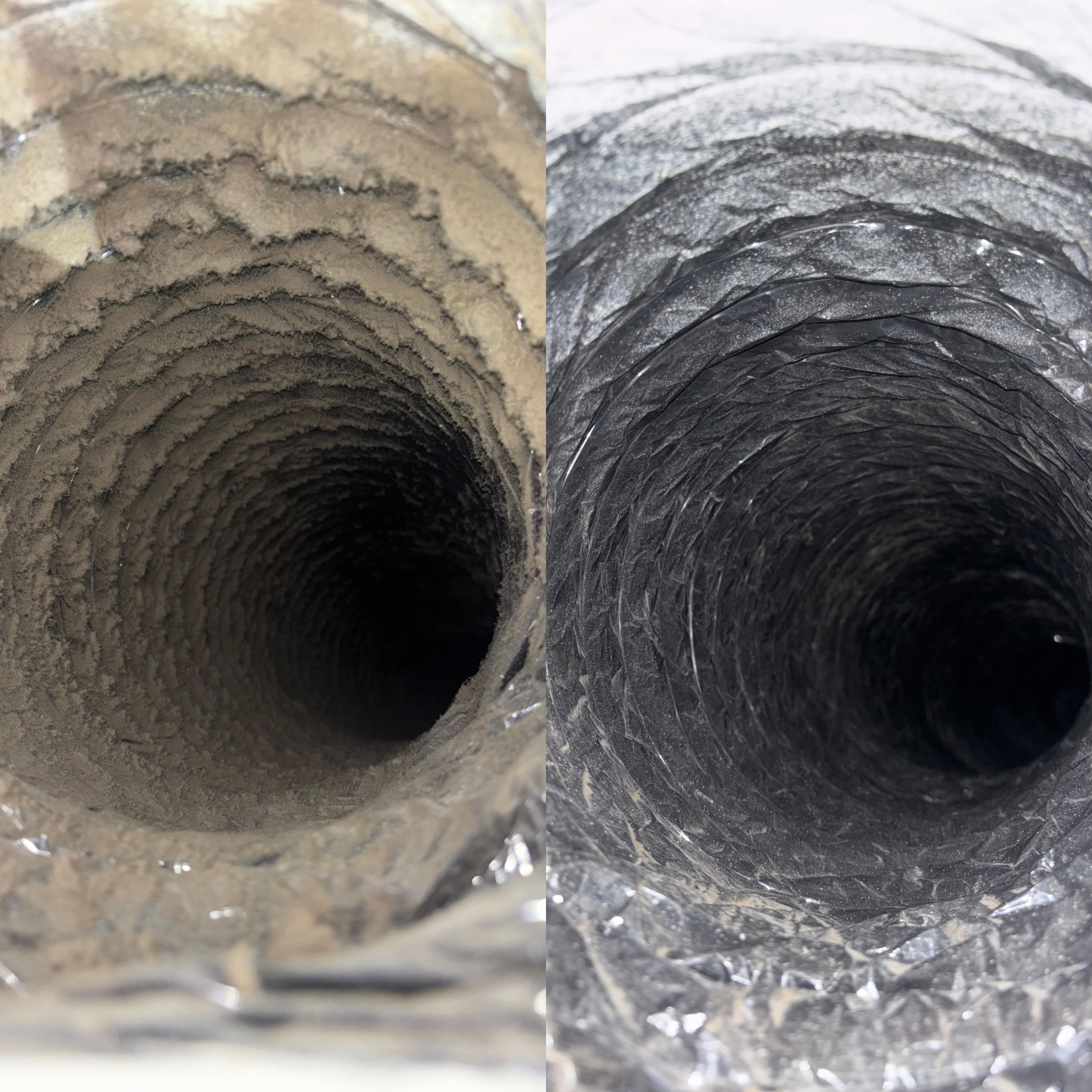 The inside of a flexible air duct shown before and after cleaning. The left half is packed with thick grey dust and lint, the right half is clean bare foil.